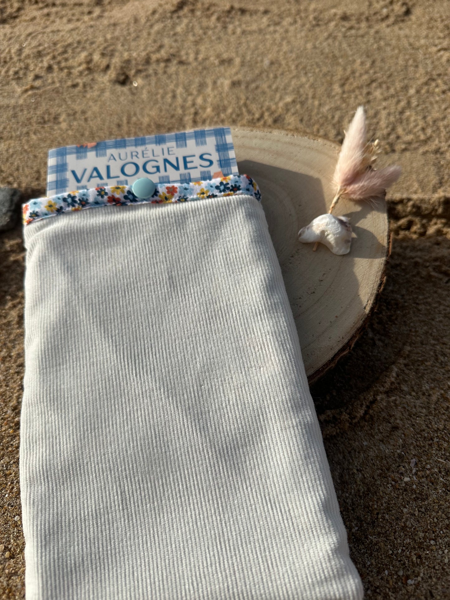 Poche à livre velours côtelé blanc et fleuri